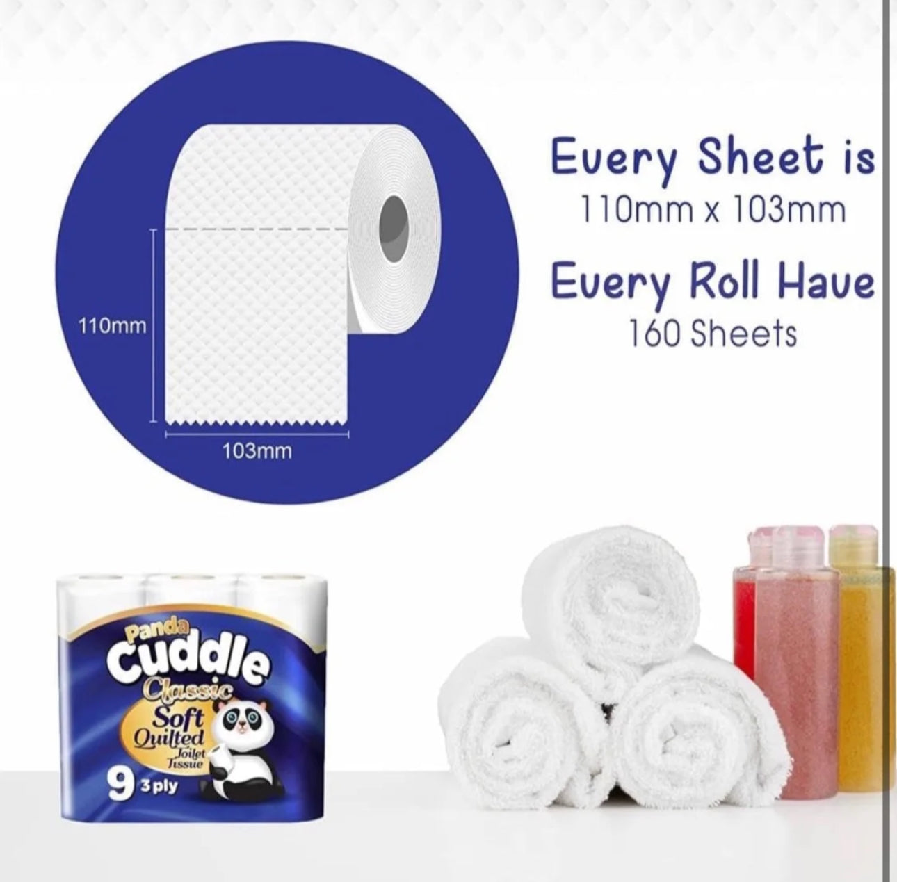 Panda Cuddle 3-Ply Soft Quilted Unscented Toilet Rolls - 90 Unscented Toilet Rolls - Premium Bathroom Toilet Rolls for Luxurious Comfort and Hygiene