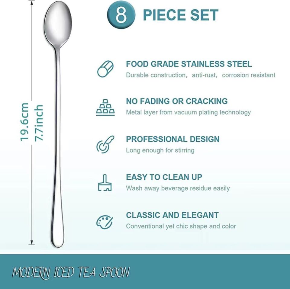 Latte Spoons Set of 8, 7.7 Inches (19.6 Cm) Long Handled Teaspoons Made of Stainless Steel, Easy Clean Teaspoons, Mirror Polished, Dishwasher Safe