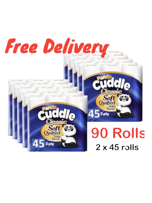 Panda Cuddle 3-Ply Soft Quilted Unscented Toilet Rolls - 90 Unscented Toilet Rolls - Premium Bathroom Toilet Rolls for Luxurious Comfort and Hygiene