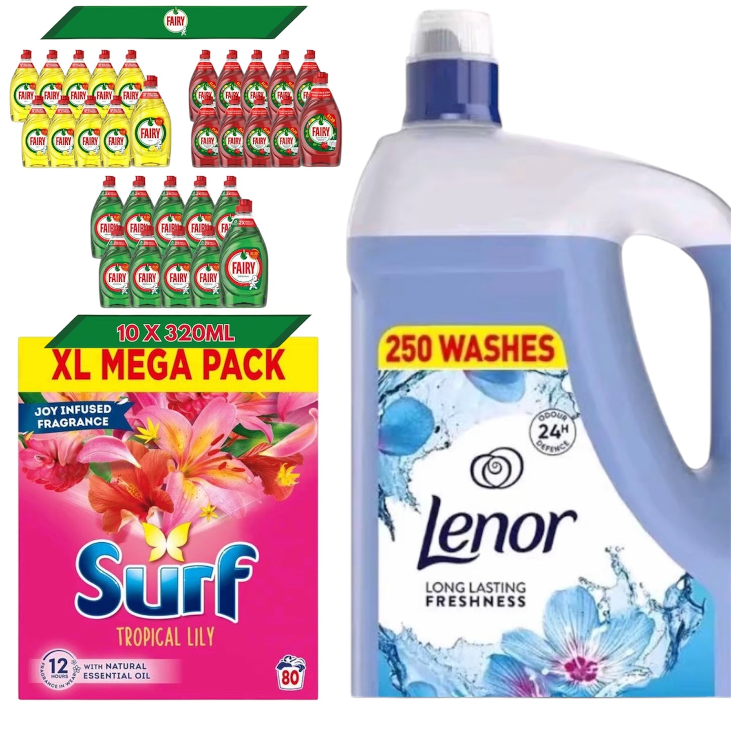 Ultimate Laundary And Dish Care Bundle- 10 x Fairy Washing up Liquid 320ml, Lenor Fabric Conditioner 250 washes & Surf Laundry Detergent Powder
