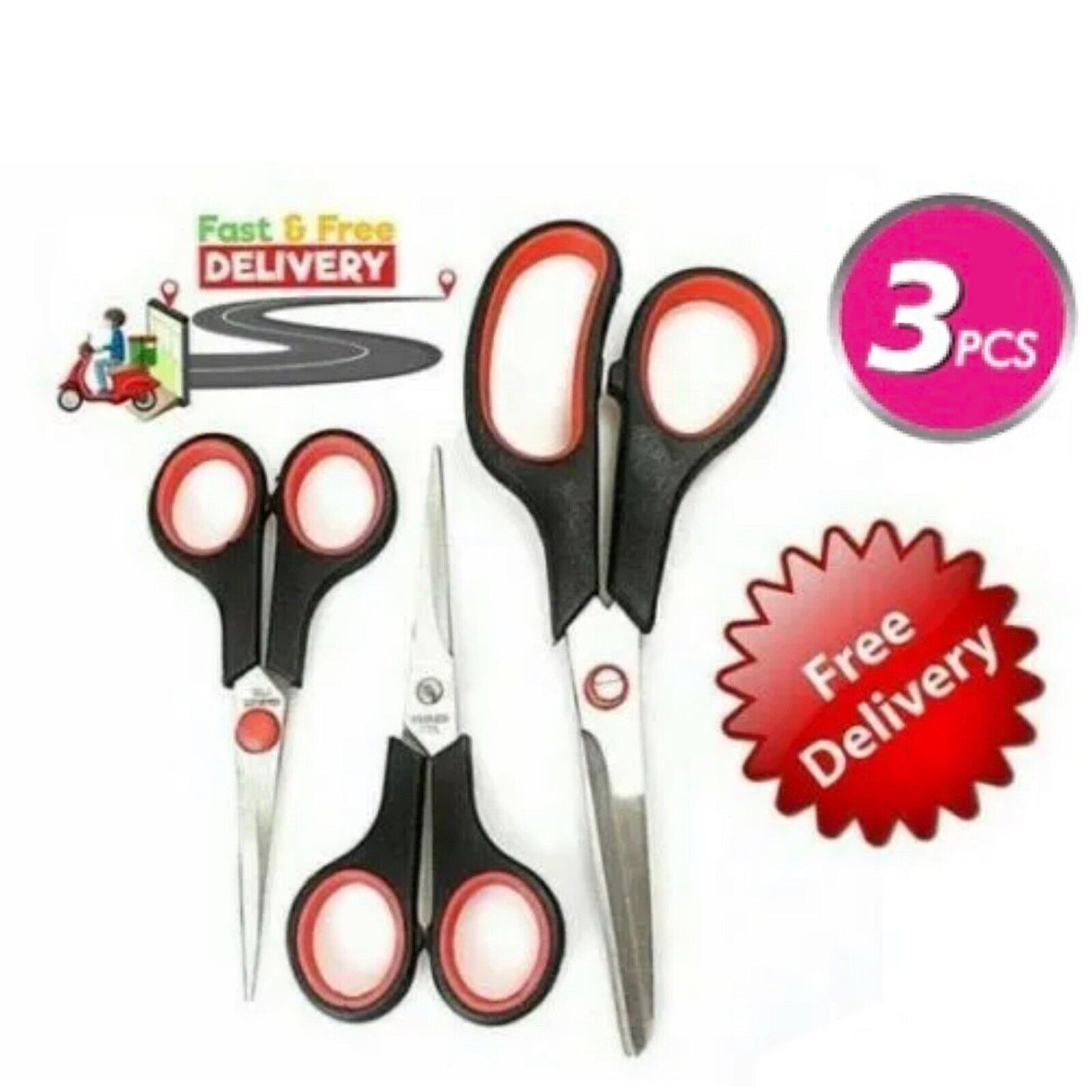 Pack of 3 Scissors Set Stainless Steel Assorted Sized Pro Kitchen Household